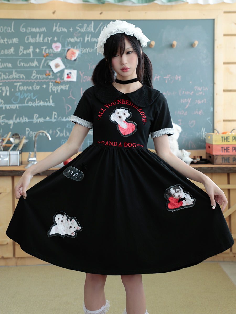 Dog Doll Round Neck Waisted Short Sleeve Dress