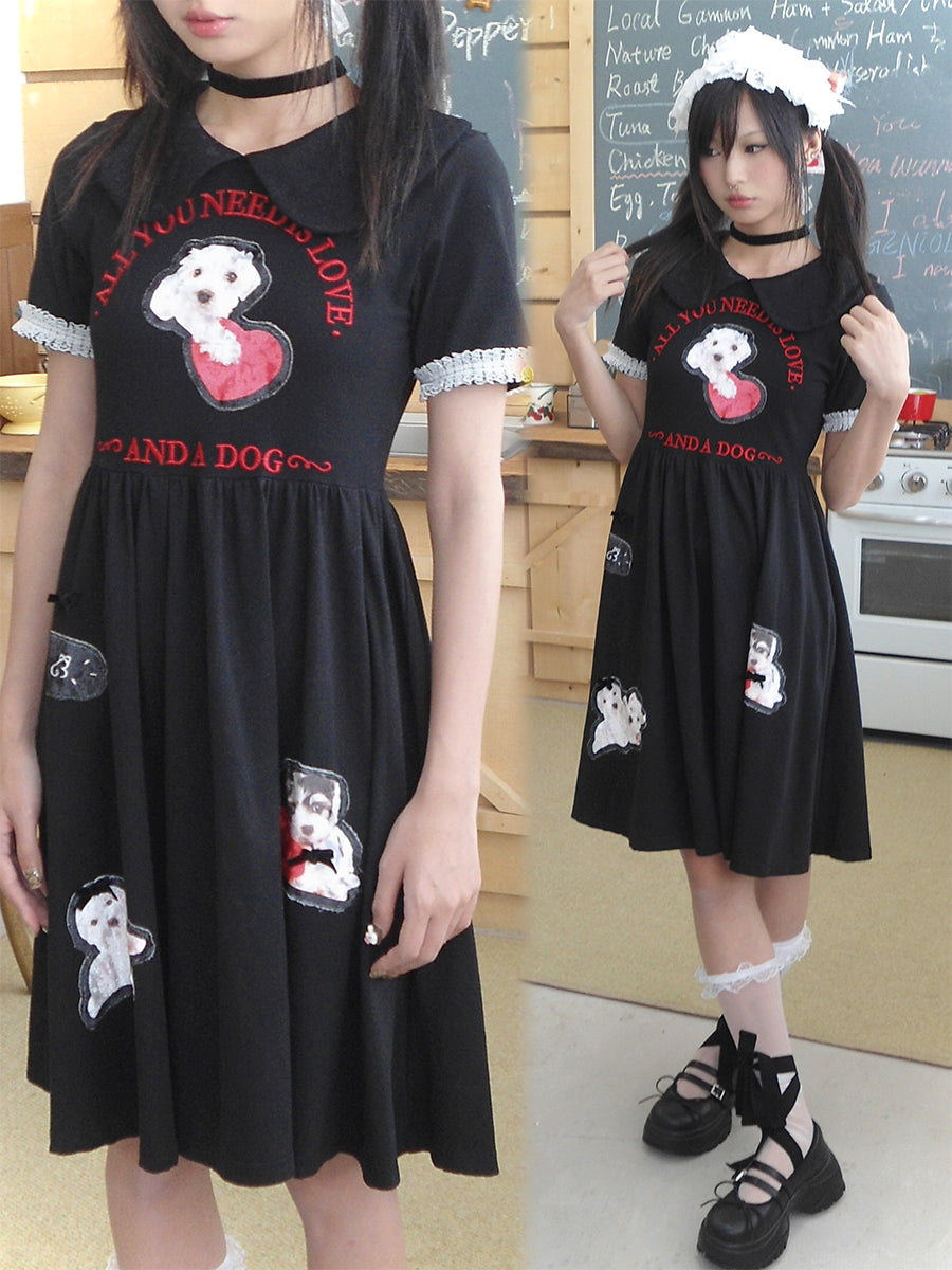 Dog Doll Round Neck Waisted Short Sleeve Dress