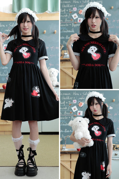 Dog Doll Round Neck Waisted Short Sleeve Dress