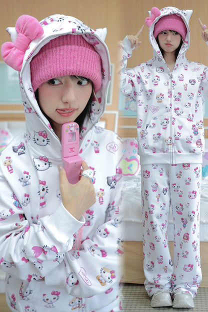 Kitty Cat Ears Hooded Long Sleeve Sweatshirt Jacket Sport Long Sweatpants