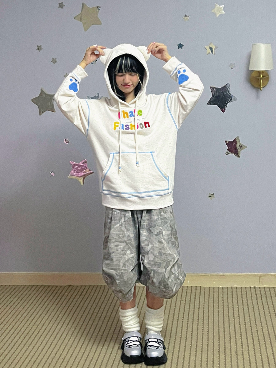 Towel Embroidered Bear Ears Hooded Long Sleeve Sweatshirt