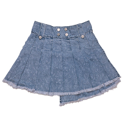 Angel Wings Printed Pleated Short Denim Skirt