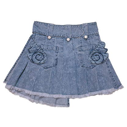 Angel Wings Printed Pleated Short Denim Skirt