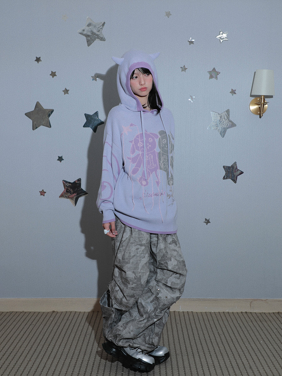 Purple Devil's Horns Hooded Long Sleeve Knitted Sweater