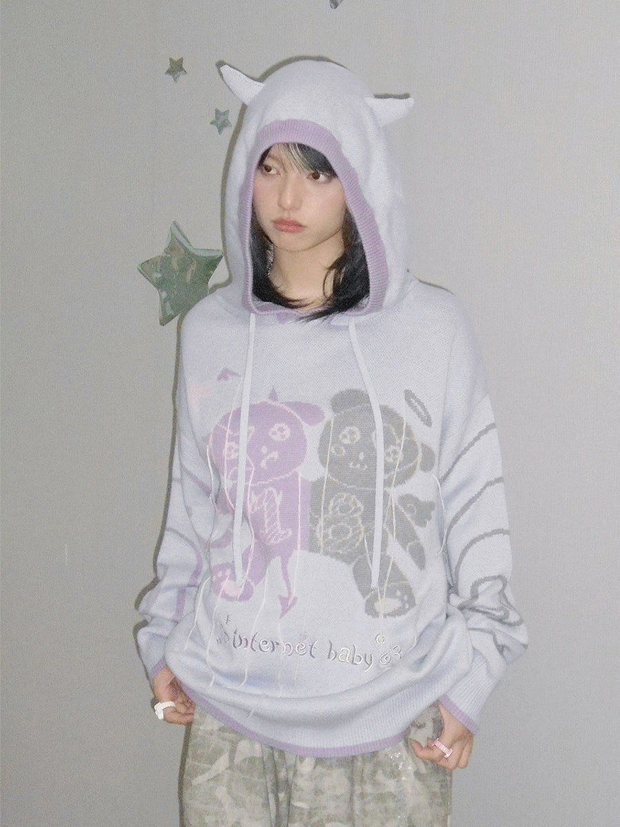 Purple Devil's Horns Hooded Long Sleeve Knitted Sweater