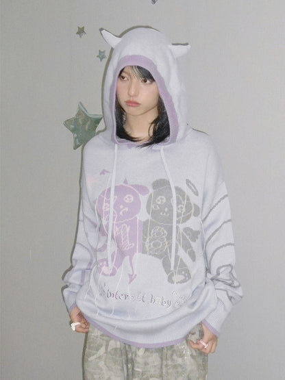 Purple Devil's Horns Hooded Long Sleeve Knitted Sweater