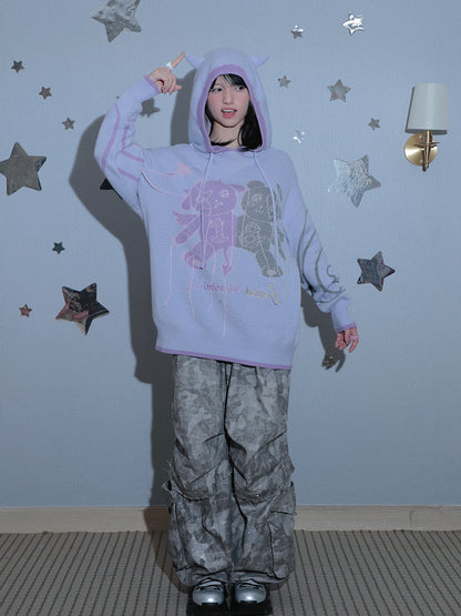 Purple Devil's Horns Hooded Long Sleeve Knitted Sweater