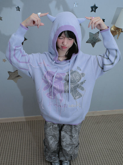 Purple Devil's Horns Hooded Long Sleeve Knitted Sweater