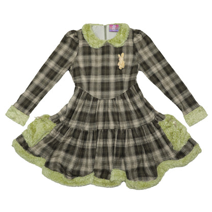 Rabbit Doll Green Brown Plaid Petal Dress