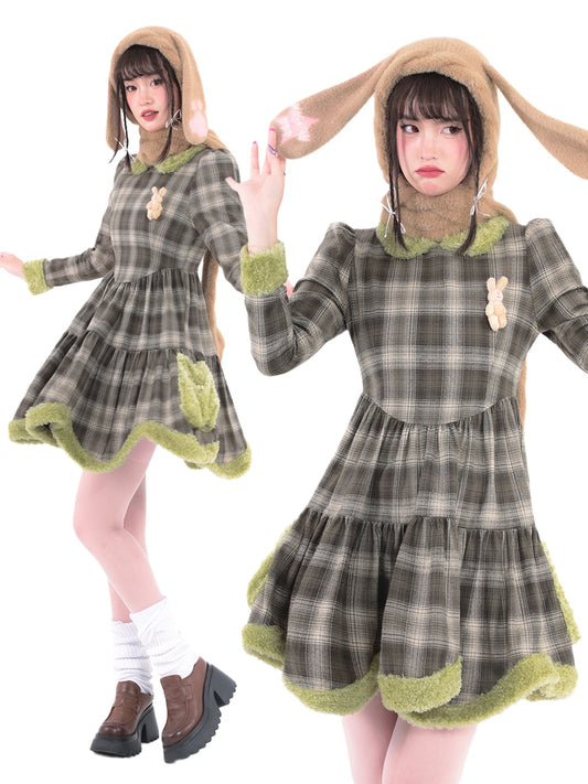 Rabbit Doll Green Brown Plaid Petal Dress