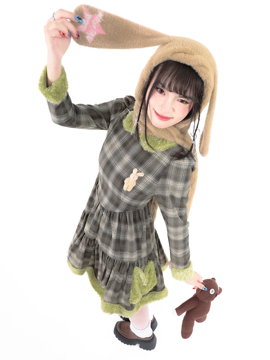 Rabbit Doll Green Brown Plaid Petal Dress