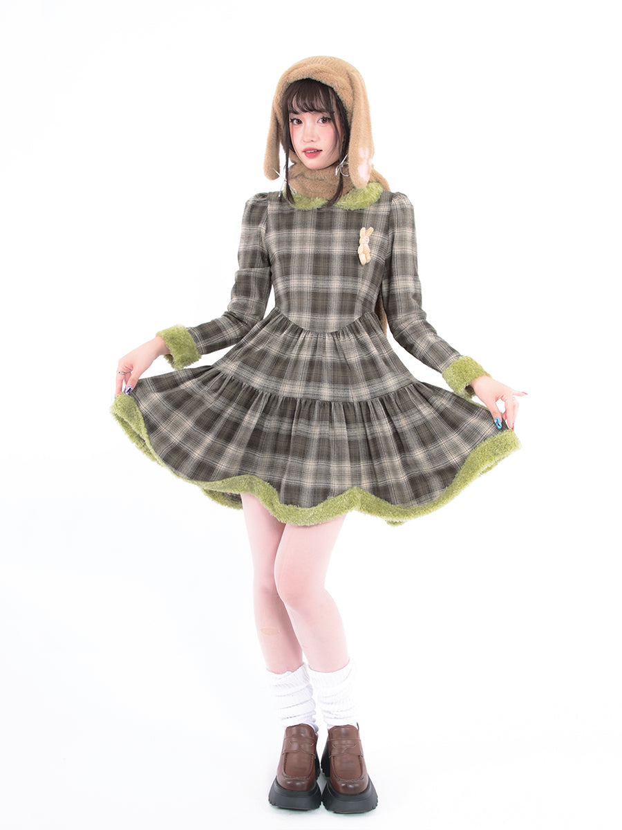 Rabbit Doll Green Brown Plaid Petal Dress