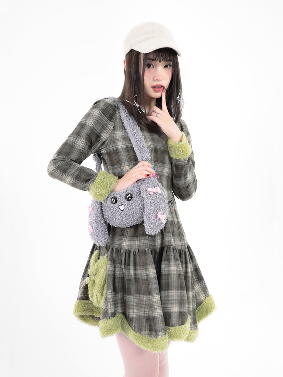 Rabbit Doll Green Brown Plaid Petal Dress