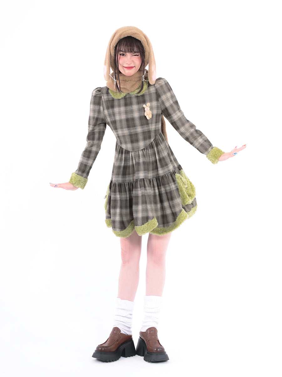 Rabbit Doll Green Brown Plaid Petal Dress